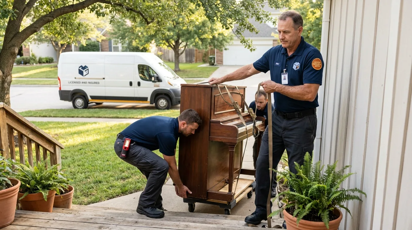 Licensed piano movers securing grand piano in Westlake Village, CA