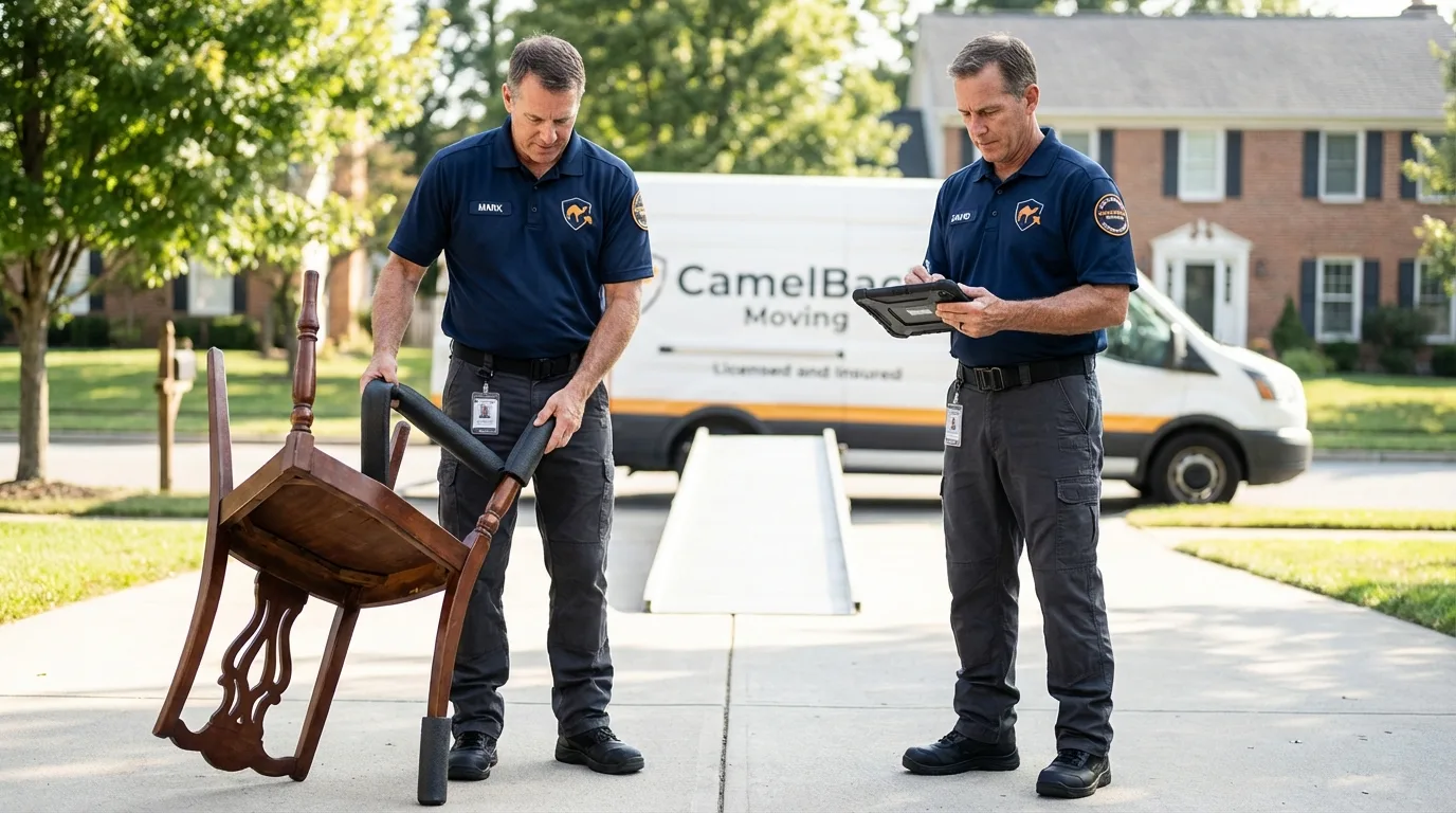 Movers inspecting furniture for damage prevention before loading in Westlake Village, CA