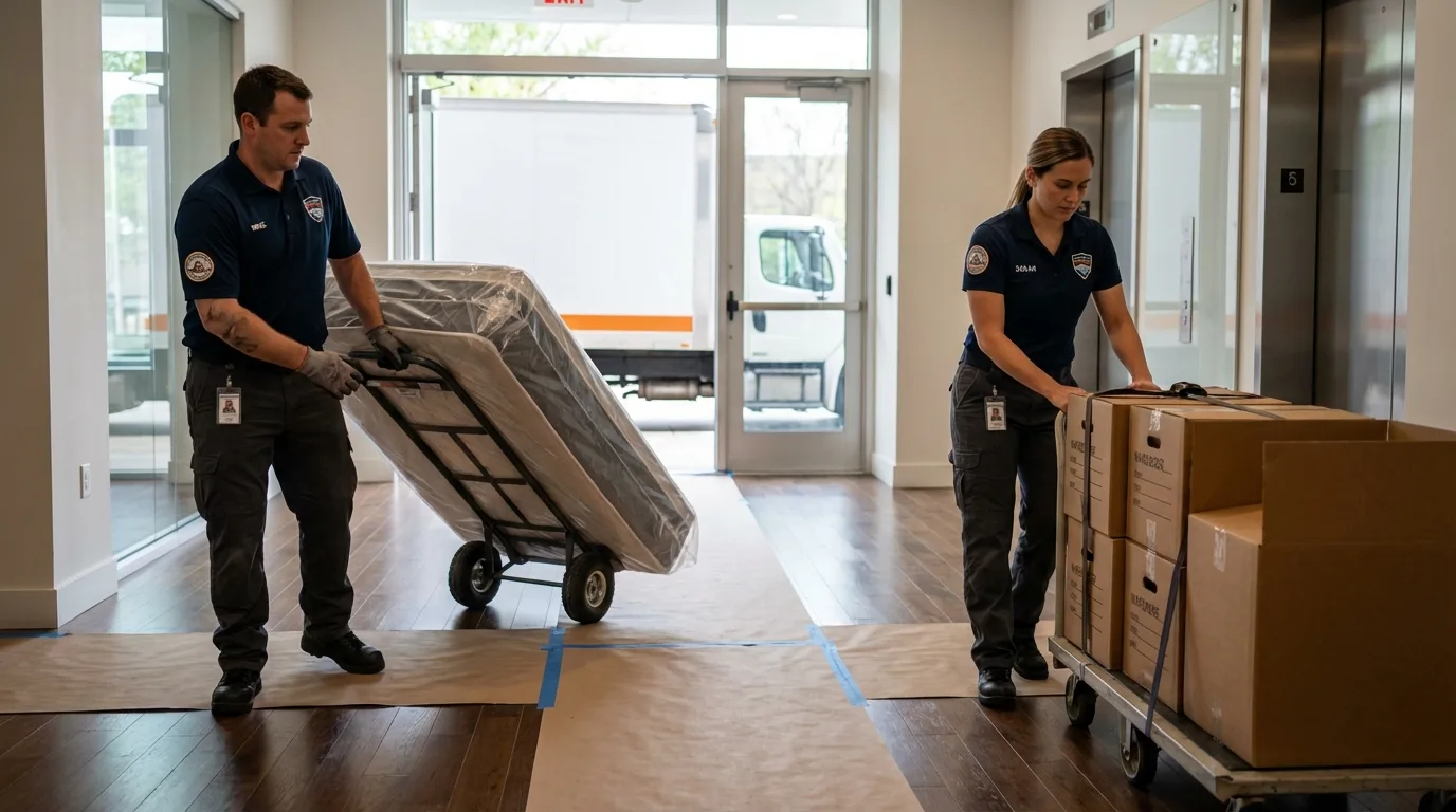Professional apartment movers loading elevator in Westlake Village, CA