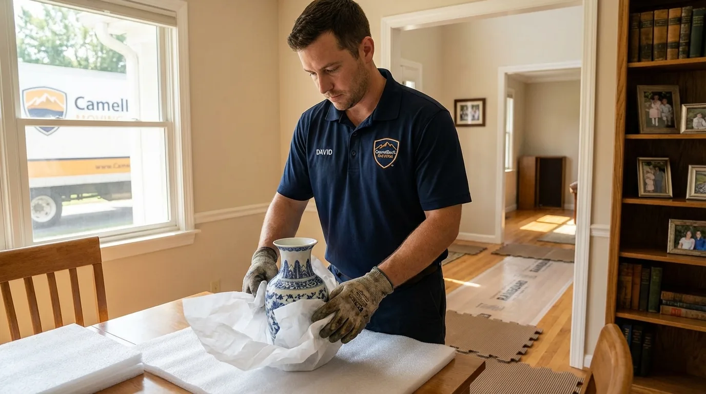 Professional crew carefully wrapping antique vase for senior downsizing move in Westlake Village, CA